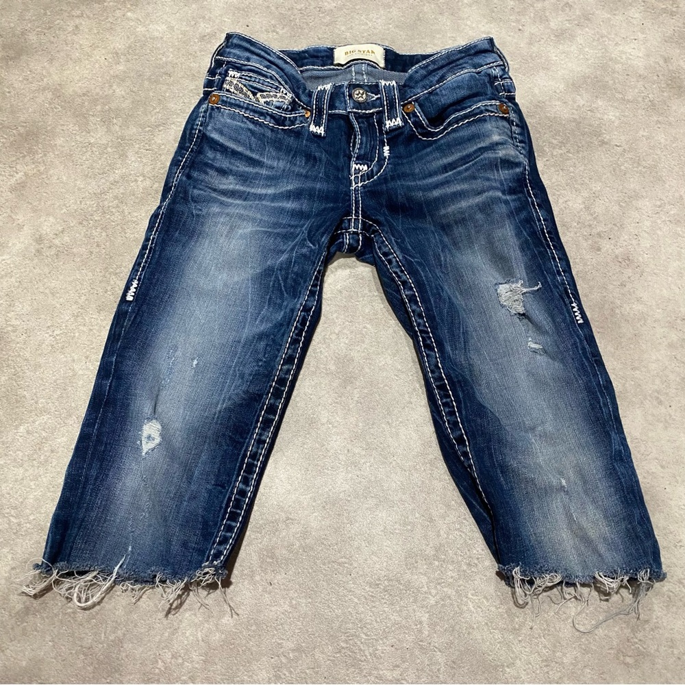 Big Star Y2K Low Rise Classic Blue Capri Jeans Embroidered Pockets Sz 24 - Picture 2 of 5